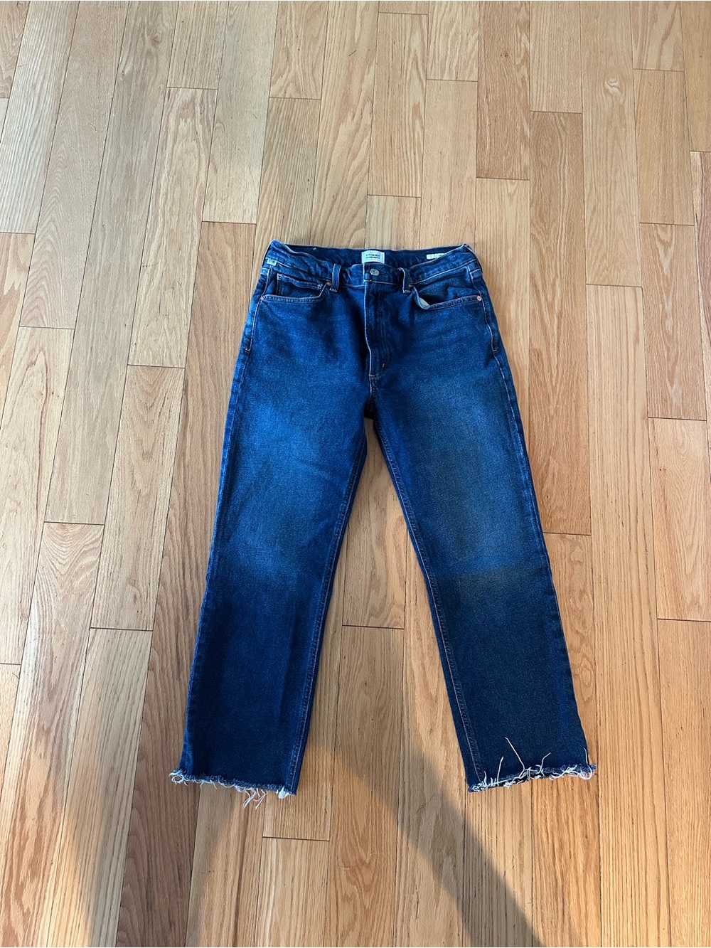 Women's Dark Blue Straight Leg Jeans with Frayed Hem